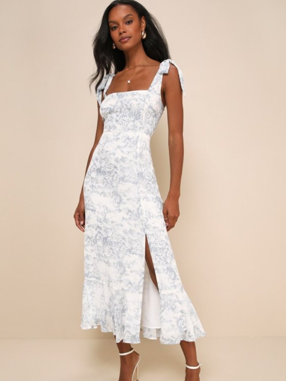 Lulus Summer Invite White And Blue Toile Tie-strap Tiered Midi Dress - Size XS